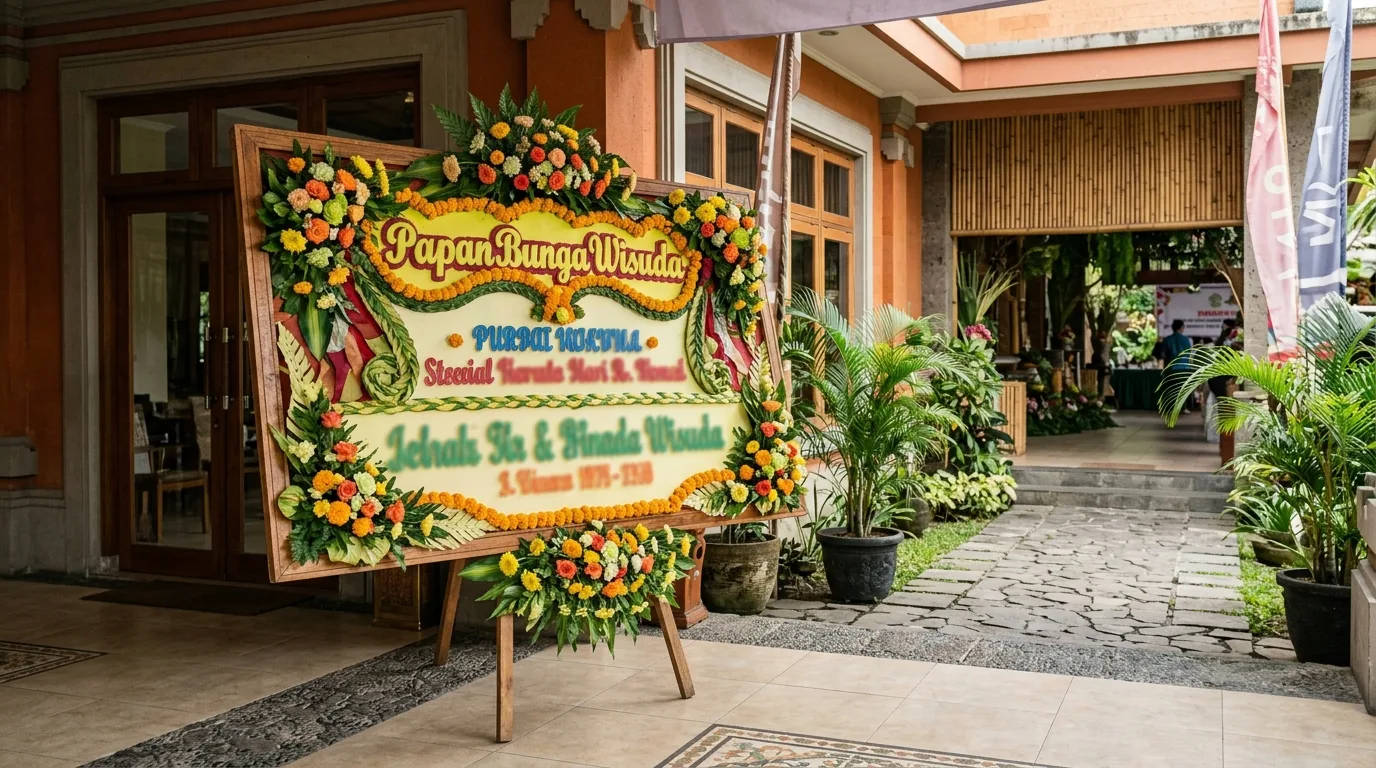 Contoh papan bunga wisuda dari sudut tiga perempat