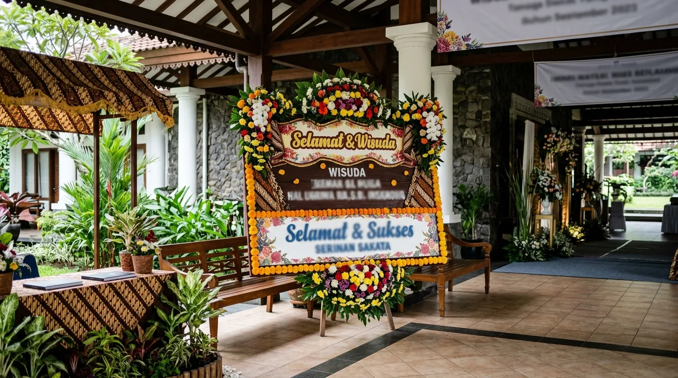 Contoh papan bunga wisuda pada konteks ruang dan penempatan