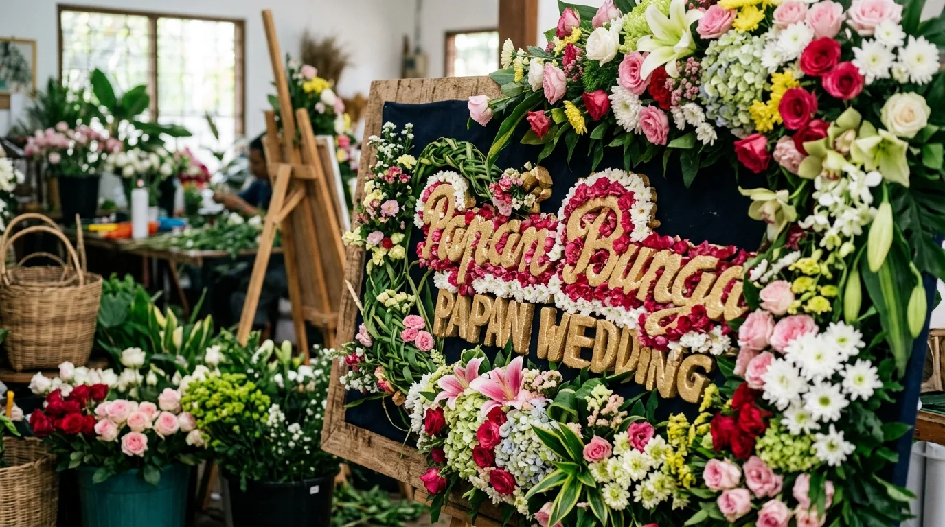 Detail bunga dan material papan pernikahan