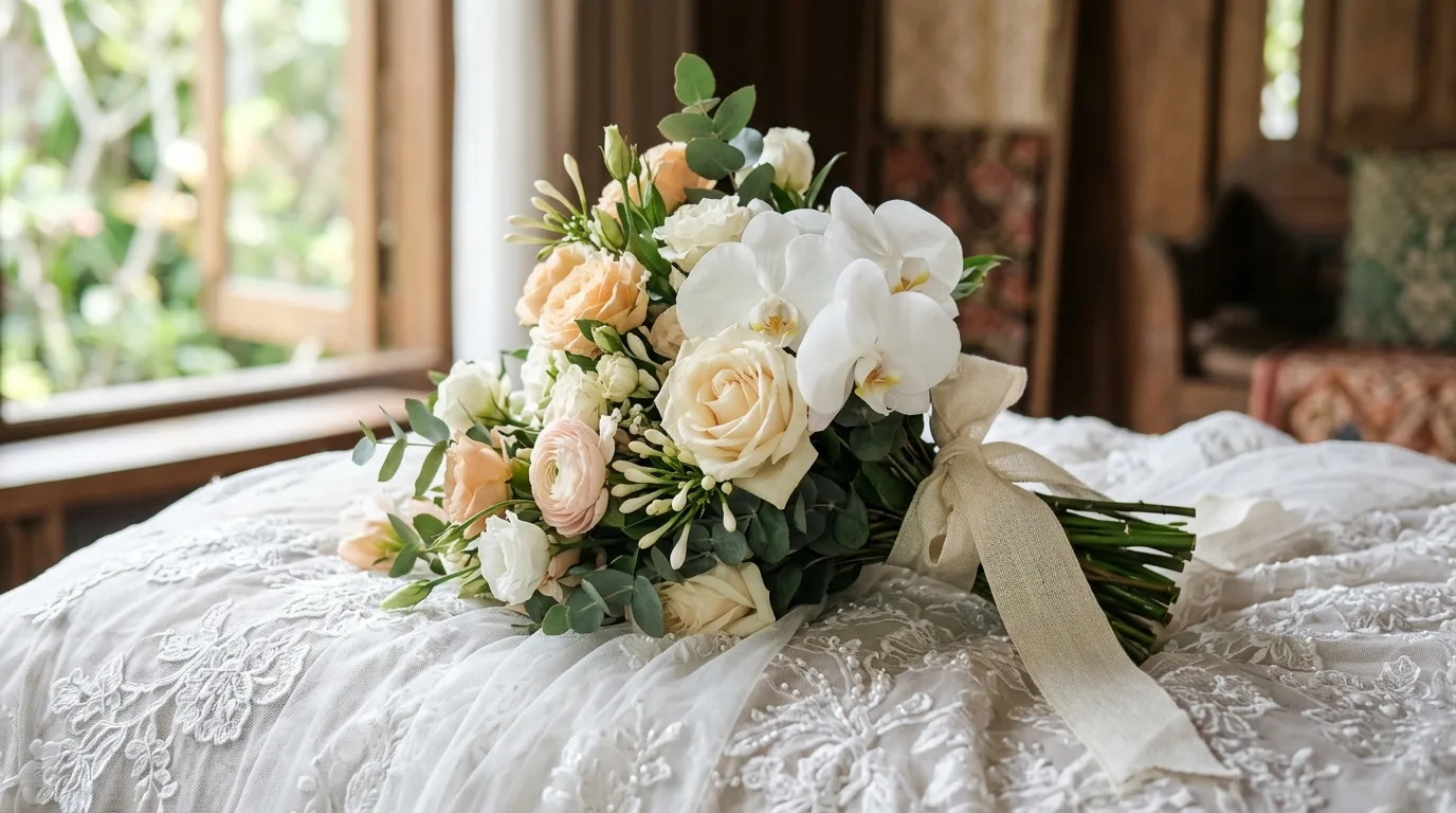 Detail Warna Hand Bouquet Wedding dan Detail Gaun