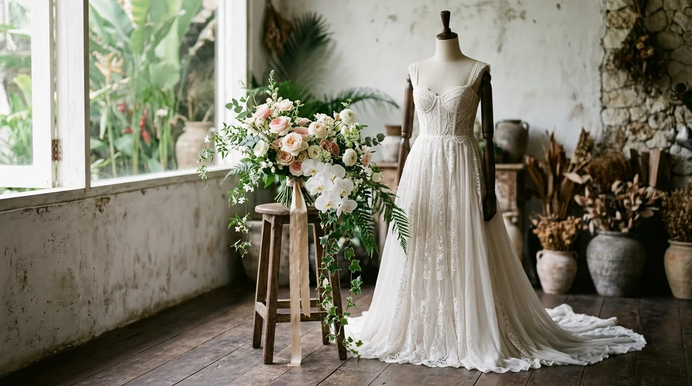 Hand Bouquet Wedding Memanjang untuk Gaun Bergaya Dramatis