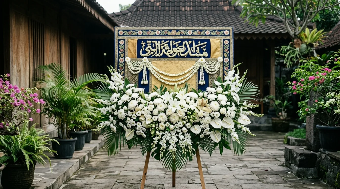 Karangan bunga di suasana rumah duka