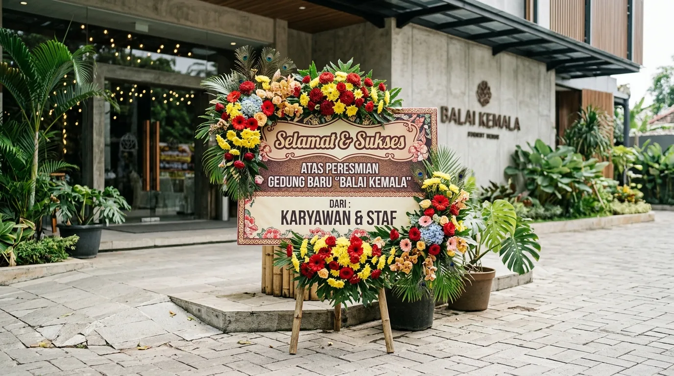 Karangan Bunga Ucapan Selamat di Depan Gedung Acara