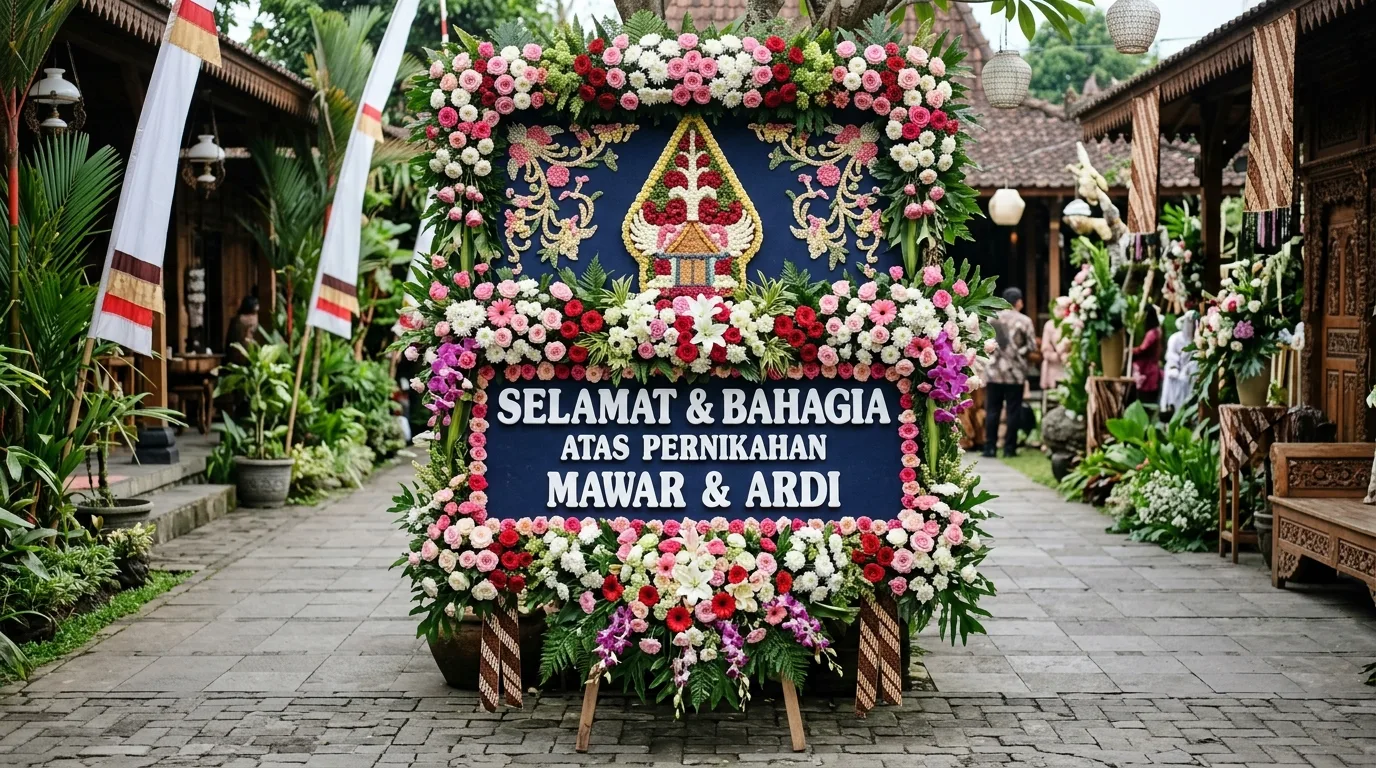Papan bunga di area acara pernikahan