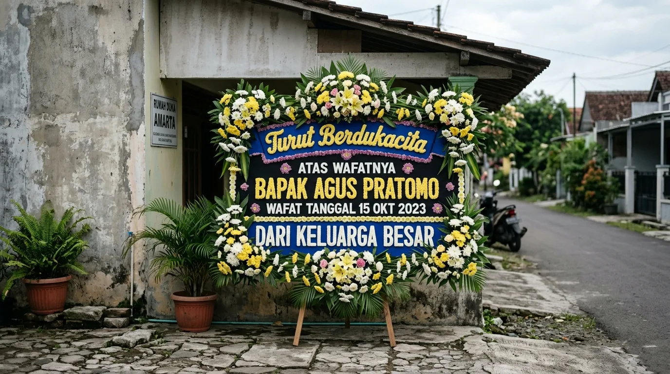Papan Bunga Duka Cita di Depan Rumah Duka
