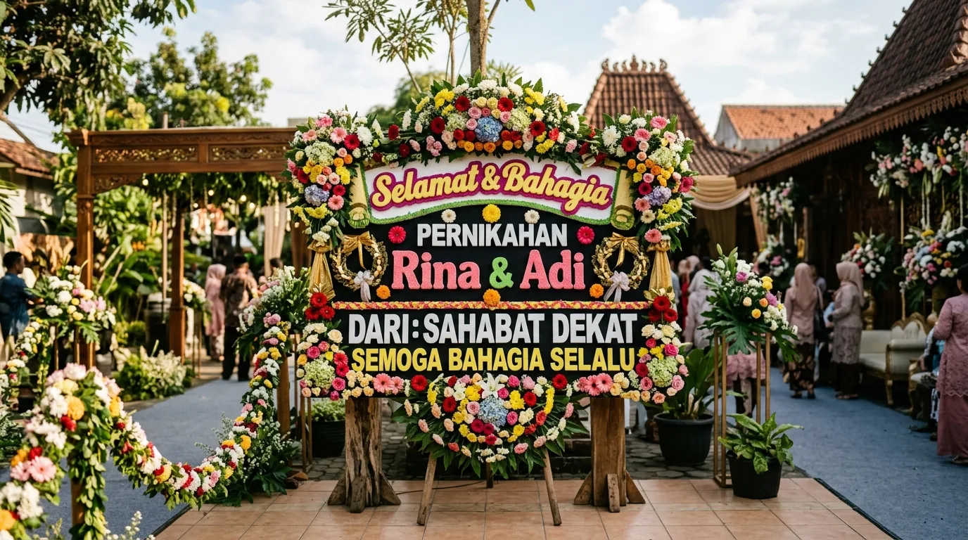 Papan bunga pernikahan dalam lokasi acara