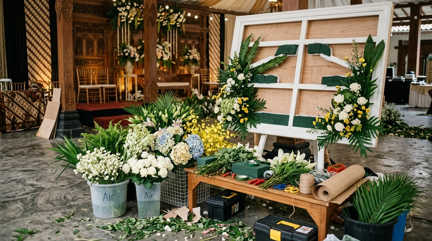 Papan bunga pernikahan unik — persiapan florist
