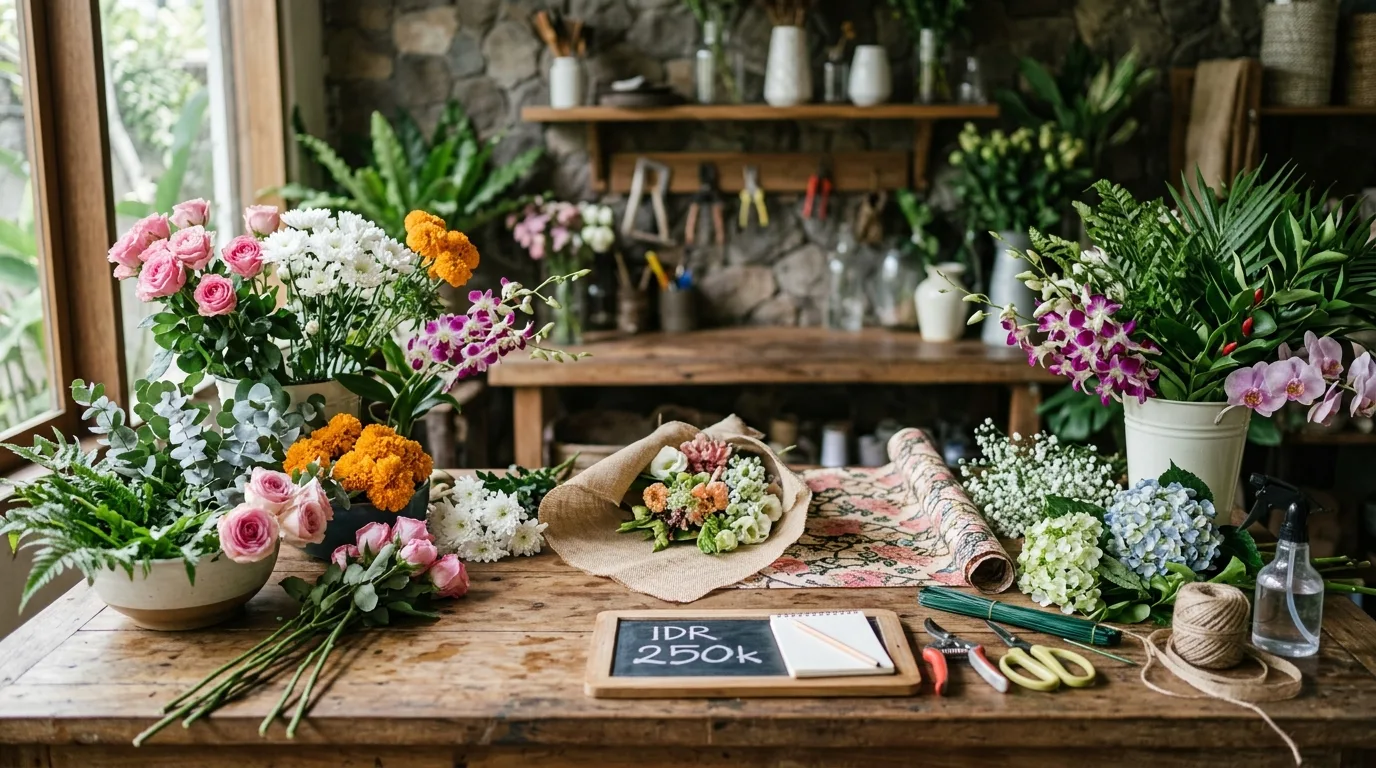 Persiapan buket bunga harga di area kerja florist