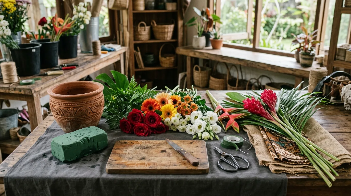 Persiapan buket bunga meja di area kerja florist