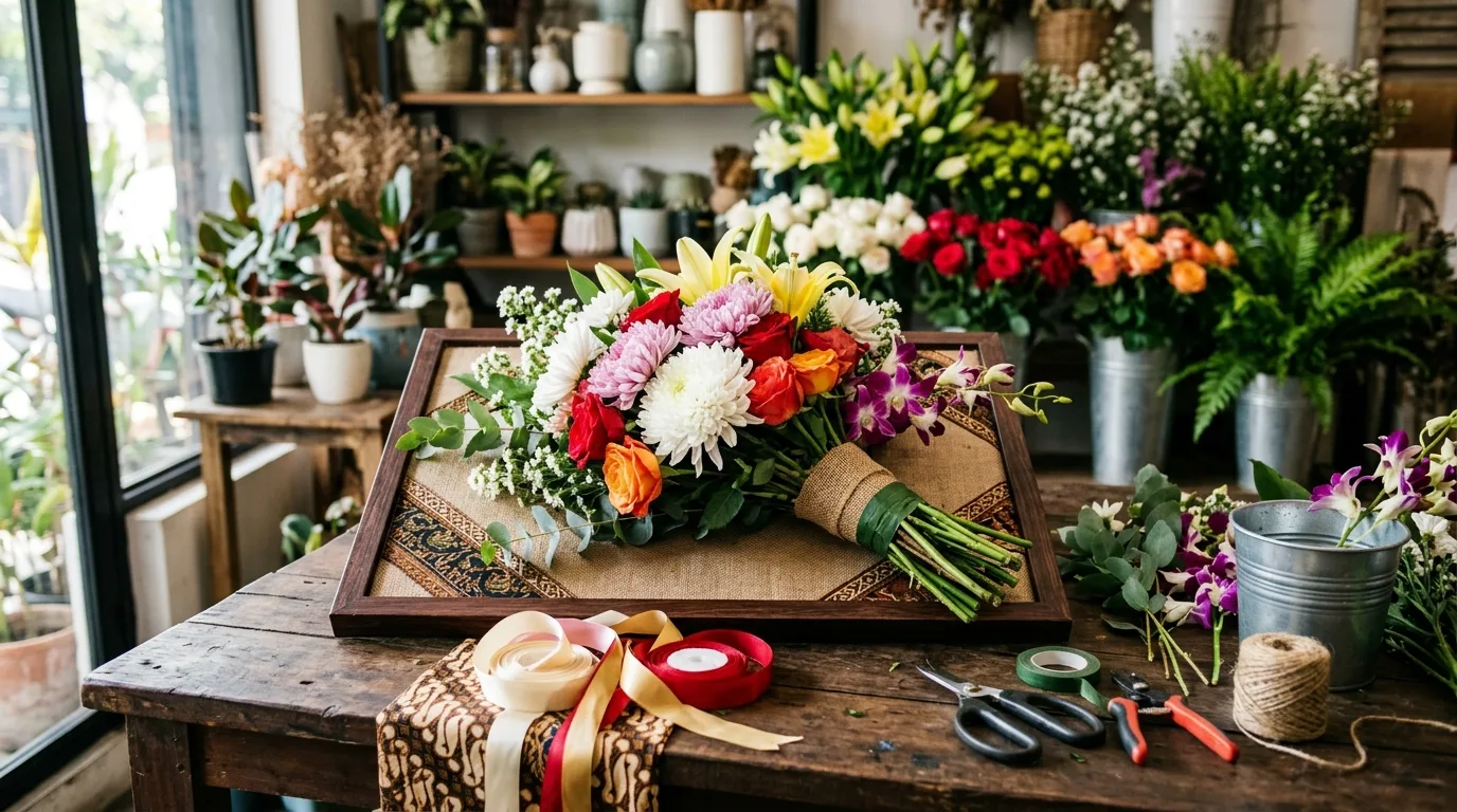 Persiapan buket bunga ucapan selamat di area kerja florist