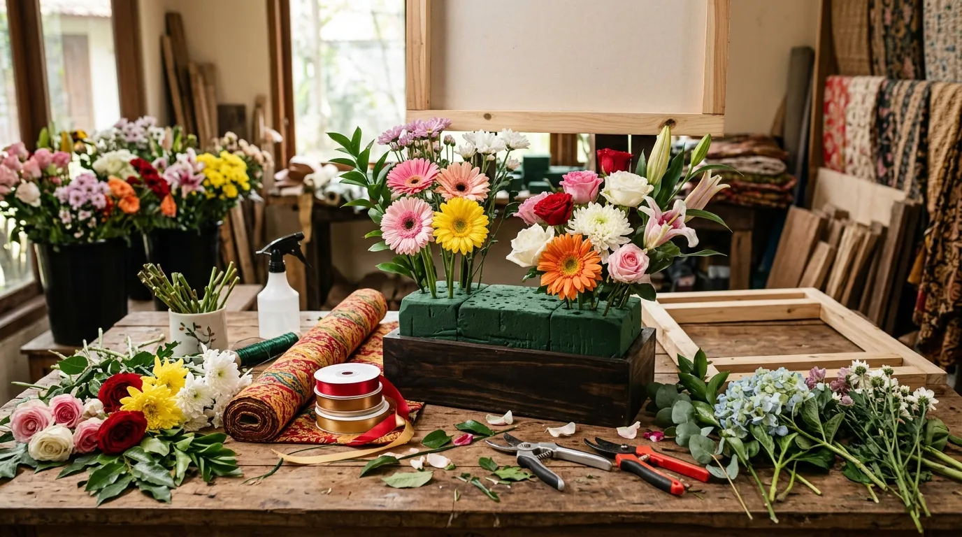 Persiapan bunga meja ucapan selamat di area kerja florist