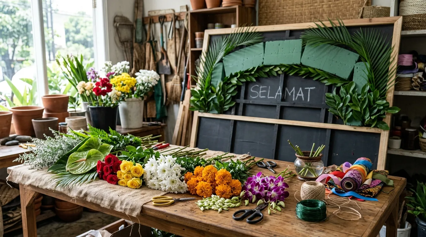 Persiapan contoh karangan bunga ucapan selamat di area kerja florist