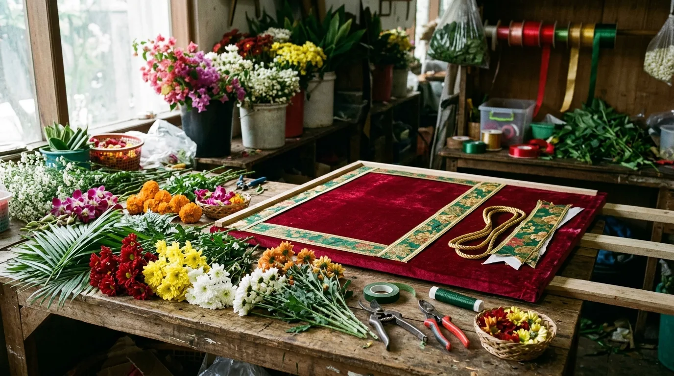 Persiapan contoh papan bunga di area kerja florist