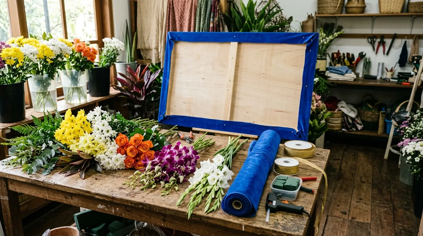 Persiapan contoh papan bunga wisuda di area kerja florist