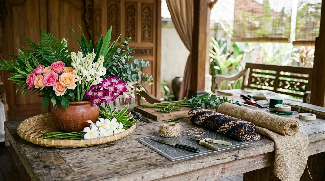 Persiapan hand bouquet flower di area kerja florist