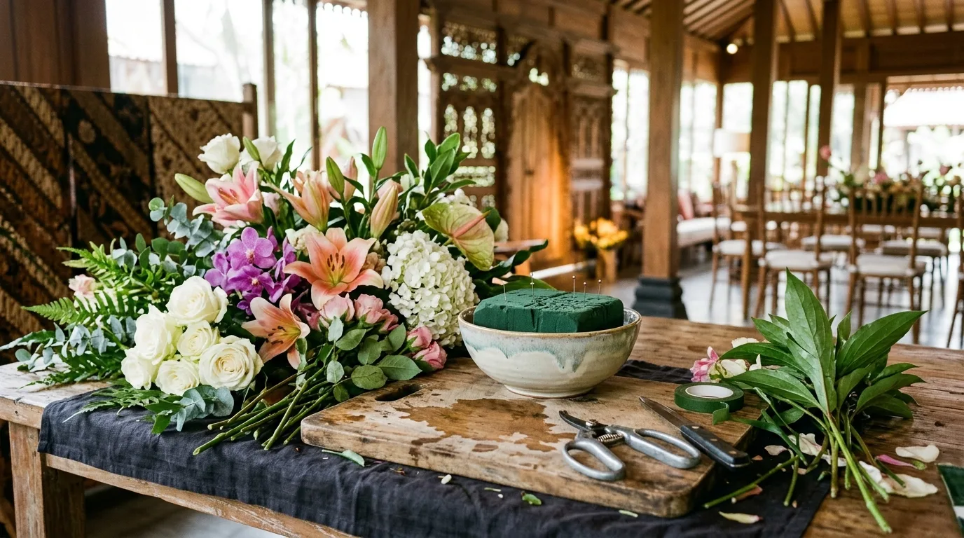 Persiapan merangkai bunga hidup untuk meja di area kerja florist