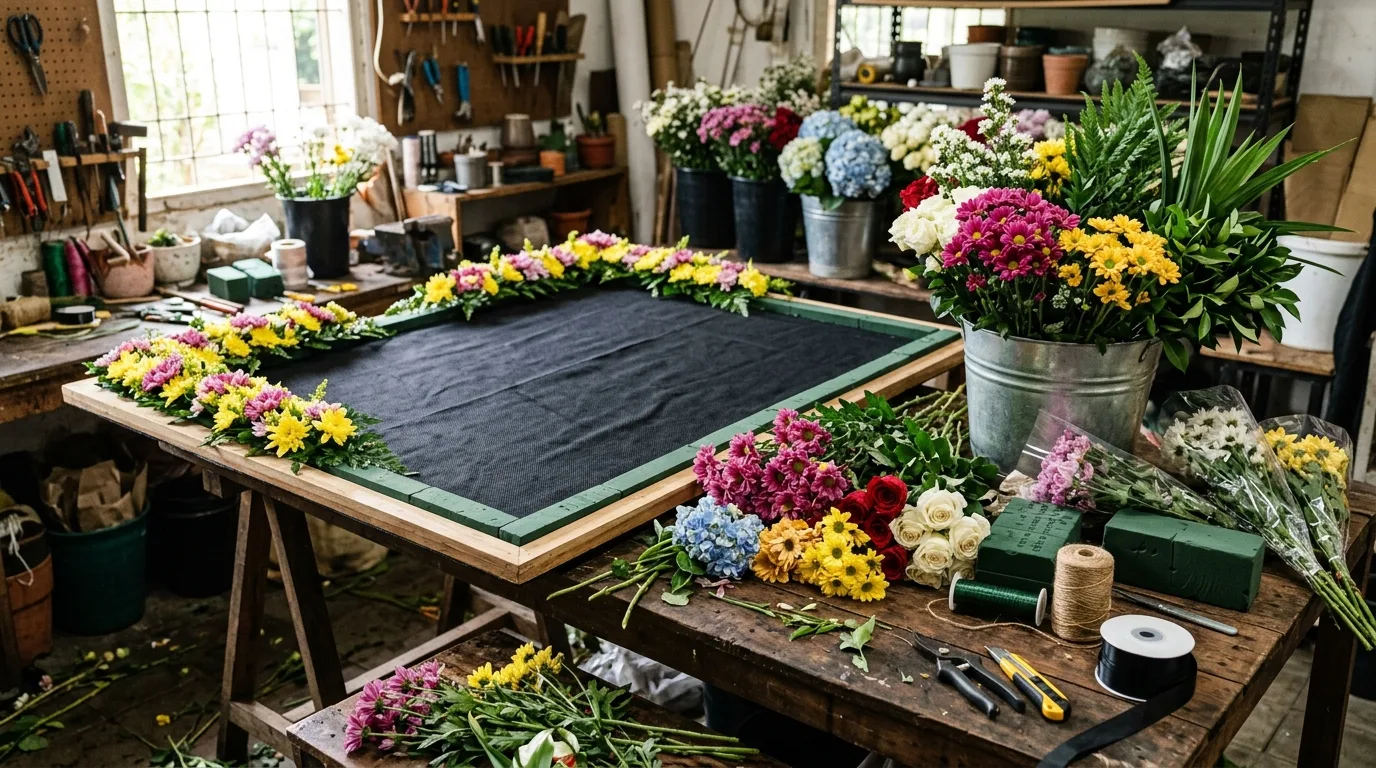 Persiapan model papan bunga terbaru di area kerja florist