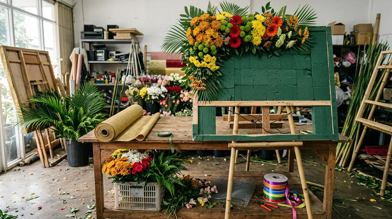 Persiapan papan bunga congratulations di area kerja florist