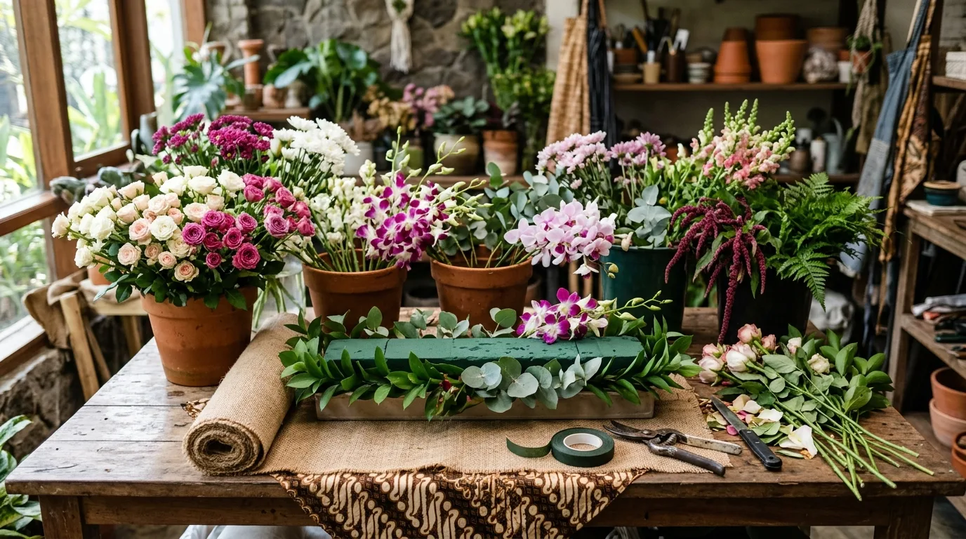 Persiapan rangkaian bunga meja panjang di area kerja florist