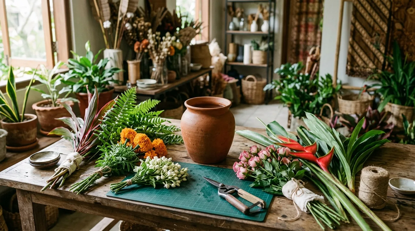 Persiapan rangkaian bunga meja sederhana di area kerja florist