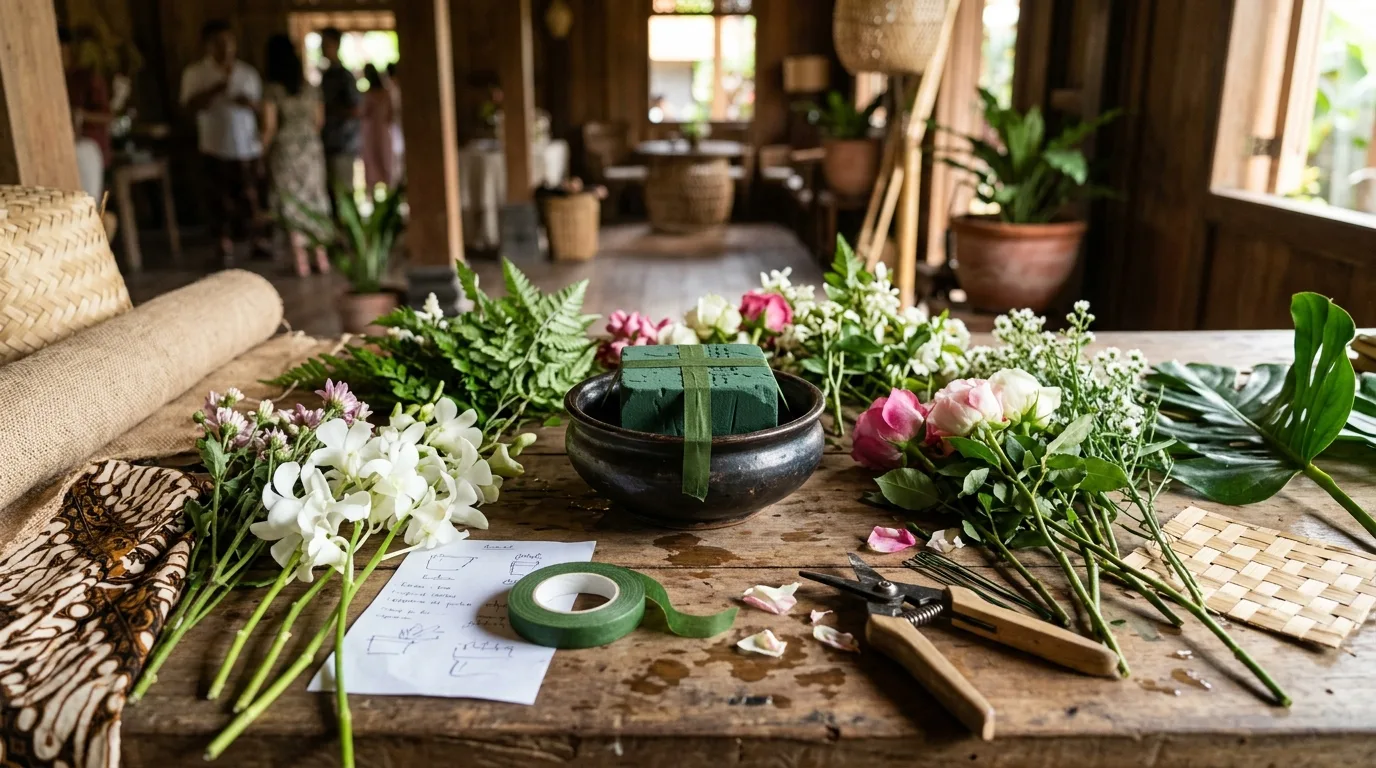 Persiapan rangkaian bunga meja tamu di area kerja florist