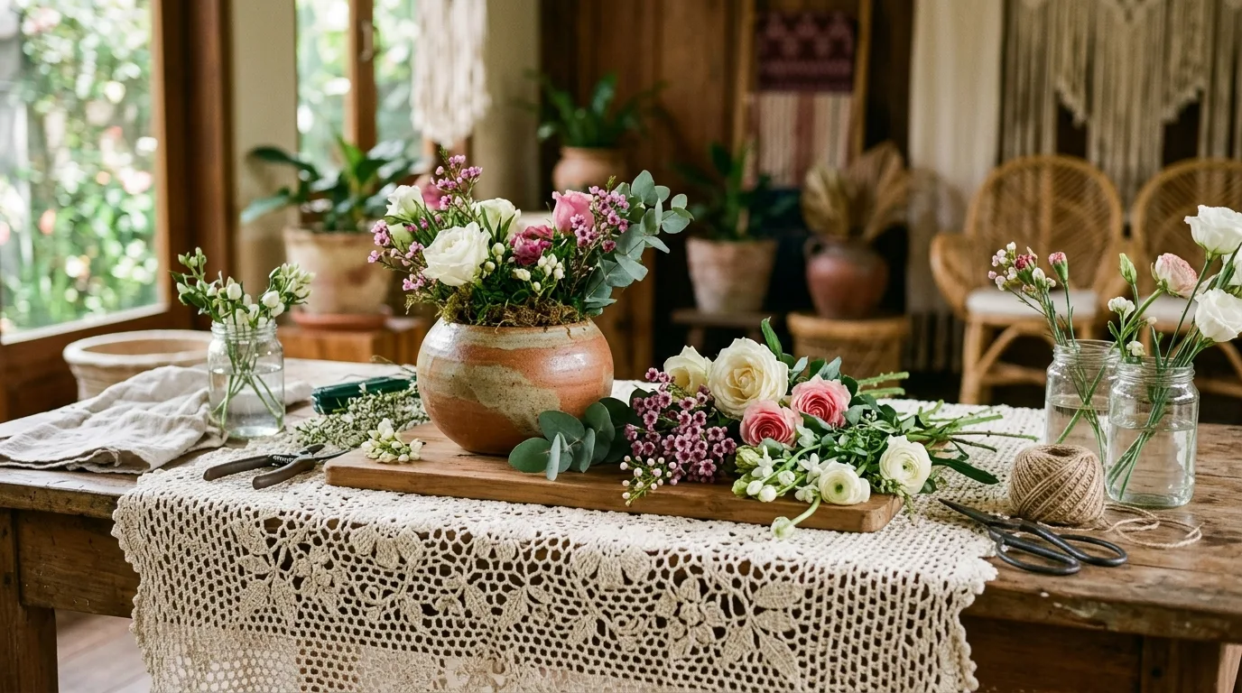 Persiapan taplak meja rajut motif bunga di area kerja florist