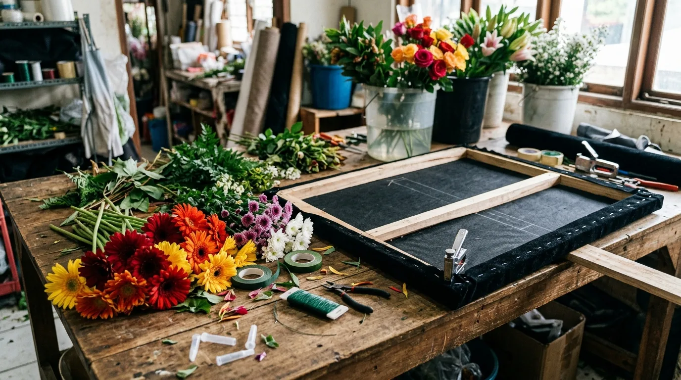 Persiapan toko papan bunga terdekat di area kerja florist
