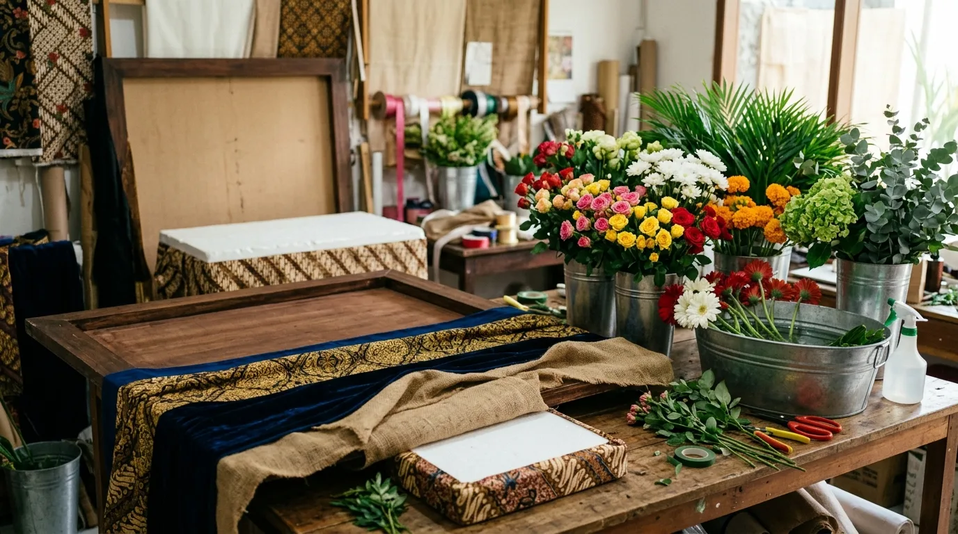 Persiapan ucapan bunga papan pernikahan di area kerja florist