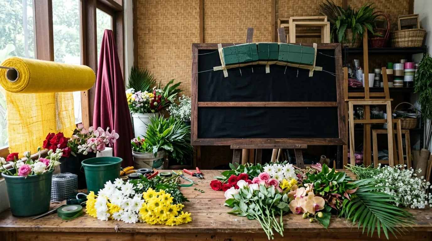 Persiapan ucapan karangan bunga pernikahan di area kerja florist