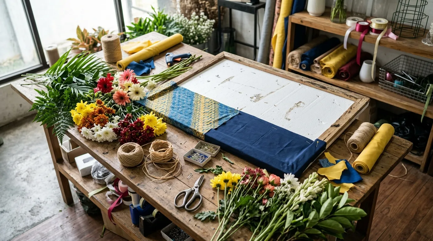 Persiapan ucapan papan bunga wisuda di area kerja florist