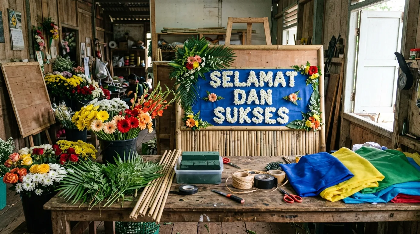 Selamat dan sukses karangan bunga — persiapan florist