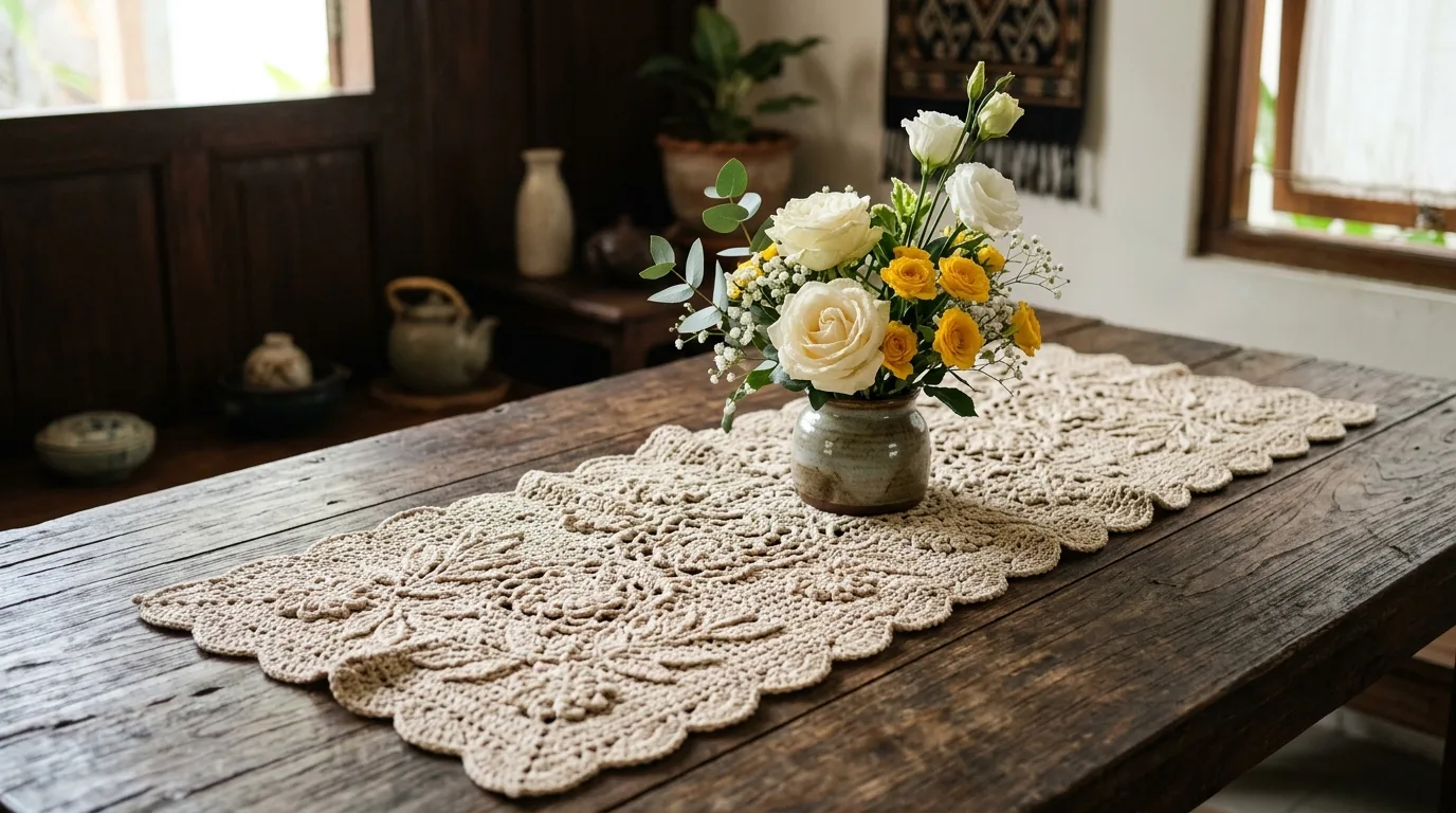 Taplak meja rajut motif bunga detail material dan bentuk