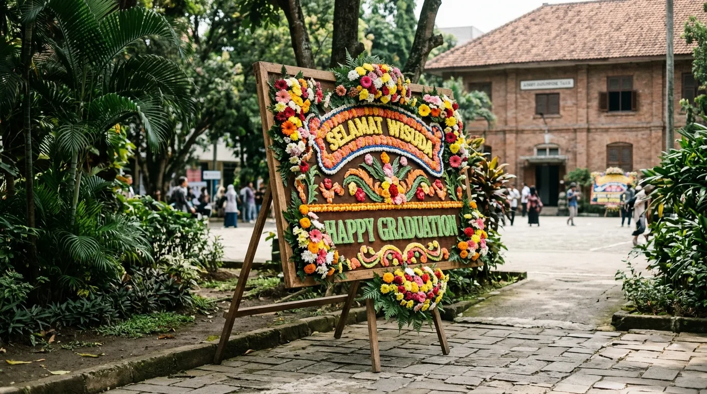 Ucapan papan bunga wisuda dari sudut tiga perempat