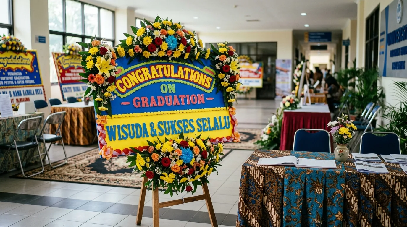 Ucapan papan bunga wisuda pada konteks ruang dan penempatan