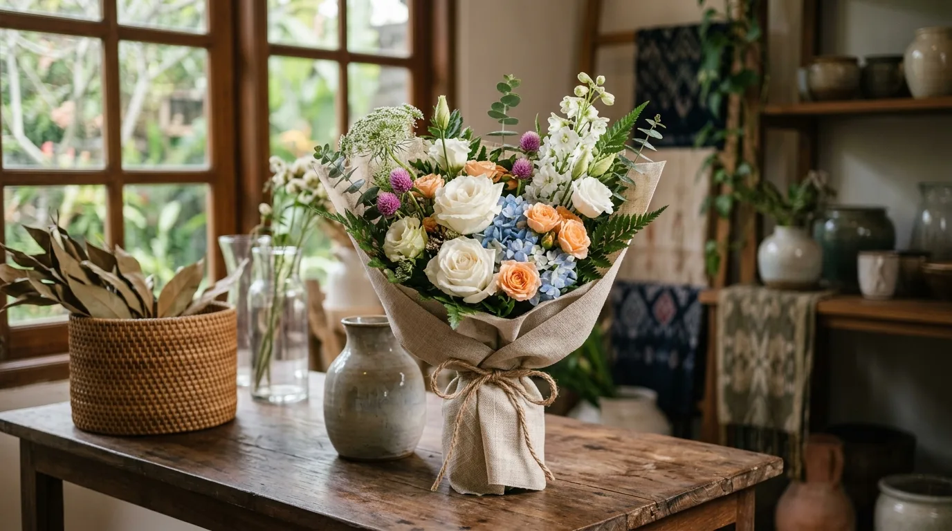 Buket bunga harga terjangkau dengan wrapping sederhana