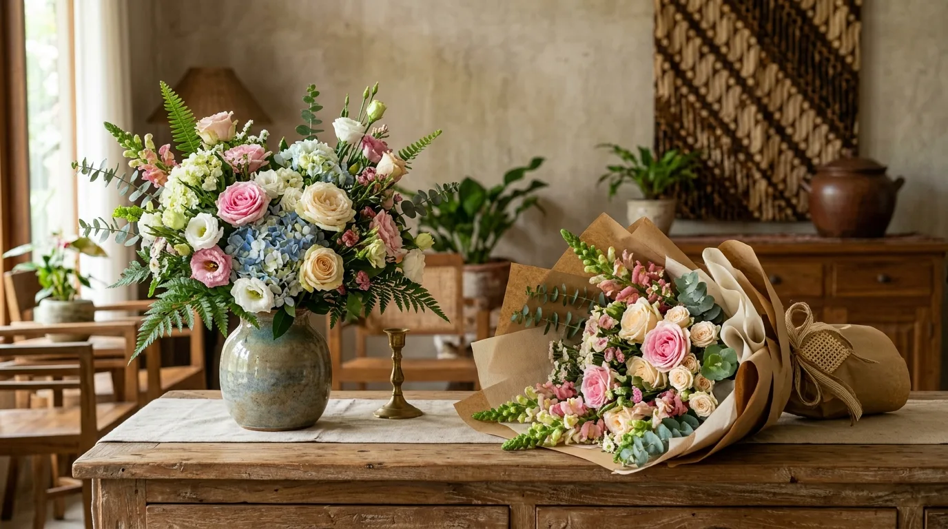 Buket bunga meja dan hand bouquet