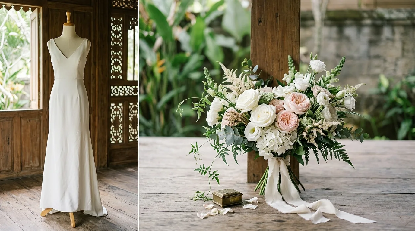 Hand Bouquet Wedding dengan Gaun Pengantin Minimalis