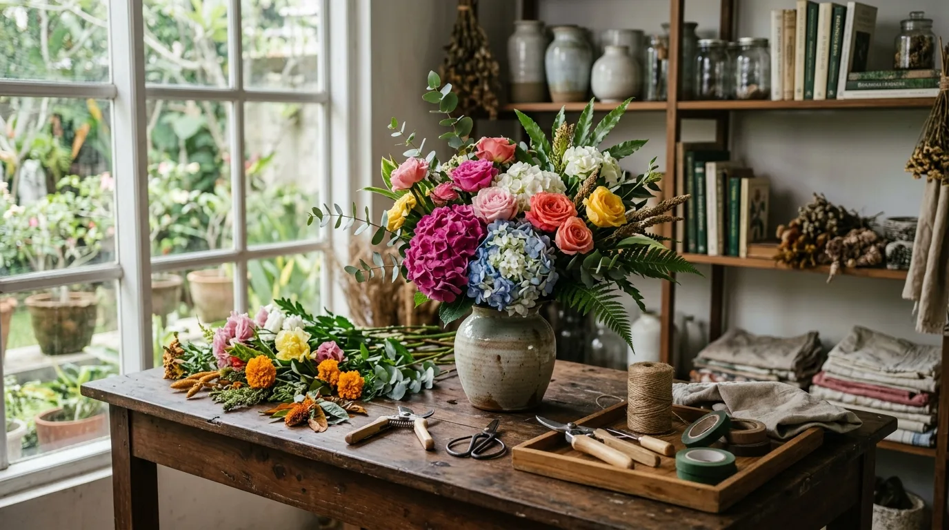 Merangkai bunga hidup untuk meja di meja kerja florist